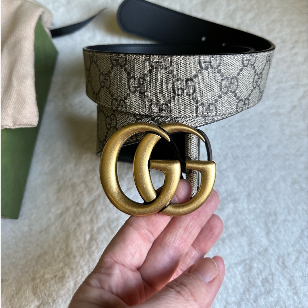 Gucci GG Supreme Canvas Belt with Brass Double G Buckle - Beige/Brown/Gold